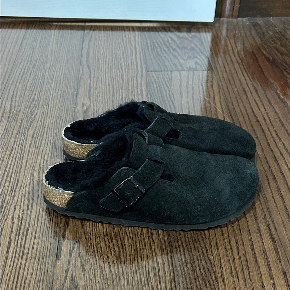 Birkenstock Black Suede Shearling Lined Boston Clog shoes sz 8